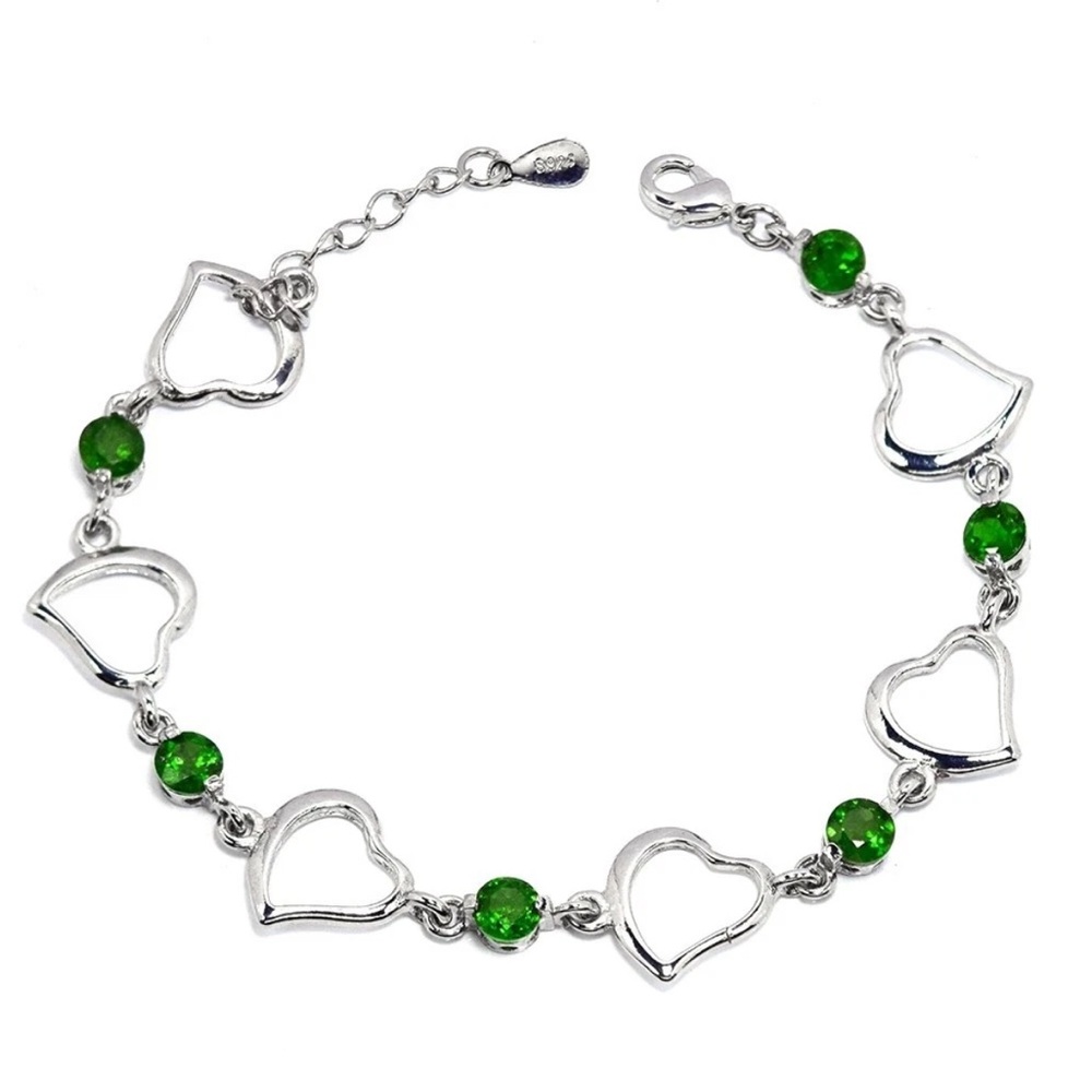 Exquisite Natural 3.5Ct Chrome Diopside Heart Bracelet 925 Sterling Silver 7-8”